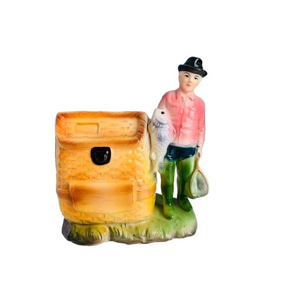 Vintage Enesco Ceramic Fly Fisherman w/ Creel Planter Pot Fishing Net Figurine - Picture 1 of 11